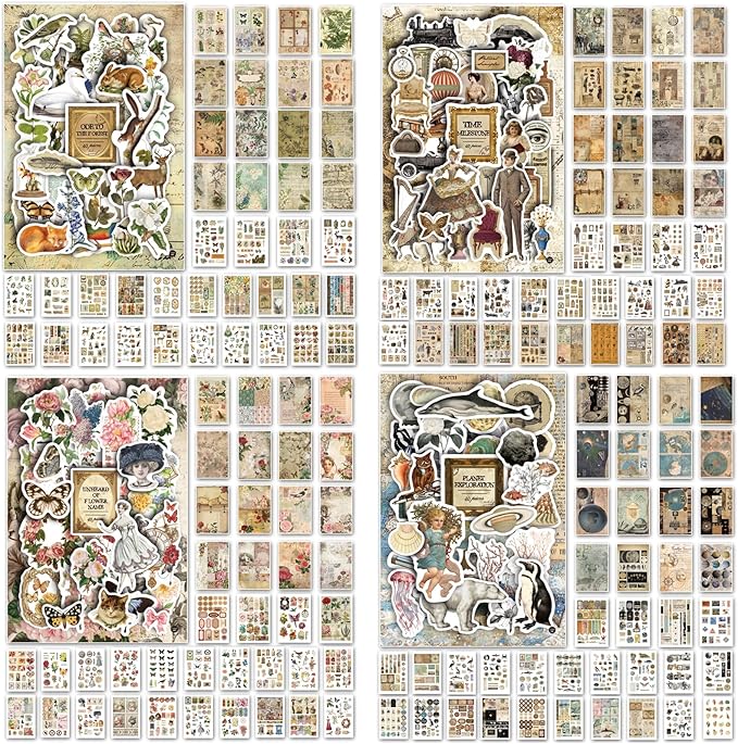 Prstincol 4 Pack Vintage Washi Stickers and Papers for Scrapbooking, 4×40 Sheets Ephemera Book for Art Journaling,Stickers and Decoupage Papers for Junk Journal