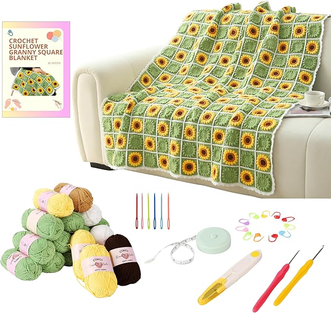 CSWCS Crochet Sunflower Blanket Kit for Beginners, Granny Square Pattern Crochet Yarn Accessories, Instructions Video for Starter, Adult Craft Knitting Kit for DIY Women (Green Sunflower)