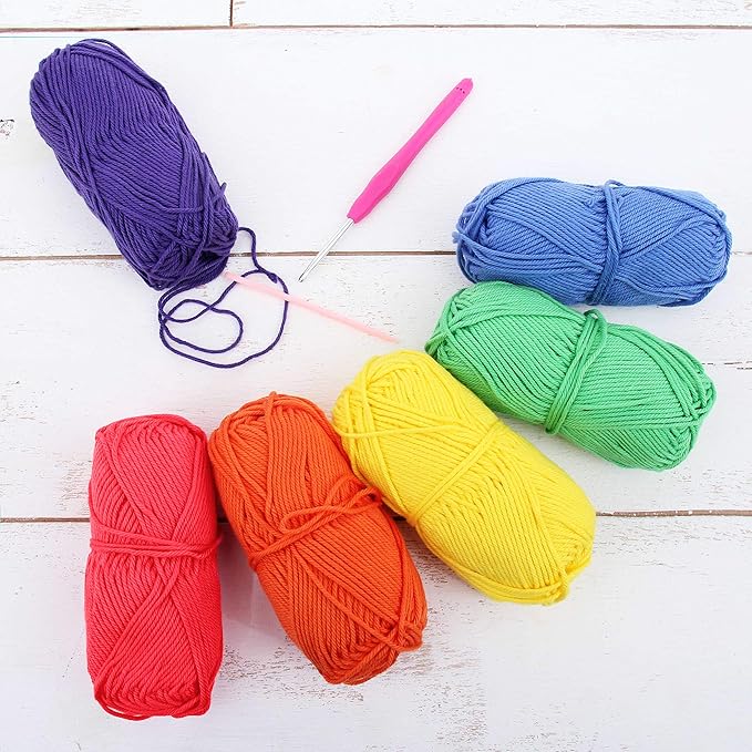 Threadart Crochet 100% Pure Cotton Yarn Set | Bright Colors | Pack of 6 Skeins Each 50 Grams | Worsted Medium #4 Yarn | 85 yds per Skein
