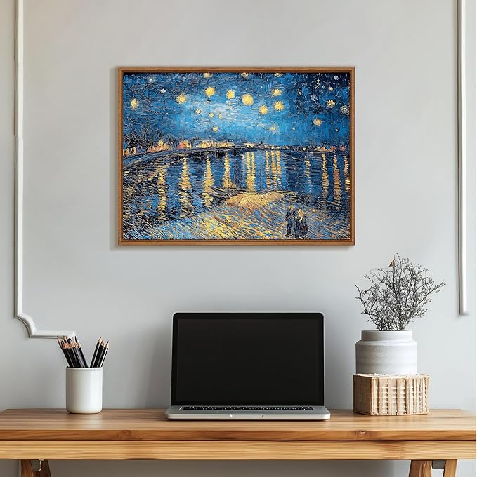 WENGTIAO Framed Canvas Wall Art of Starry Night Over The Rhone by Van Gogh Oil Paintings Famous Artist Reproduction Artwork Pictures Giclee Canvas Prints for Living Room Bedroom Study 16”x24”