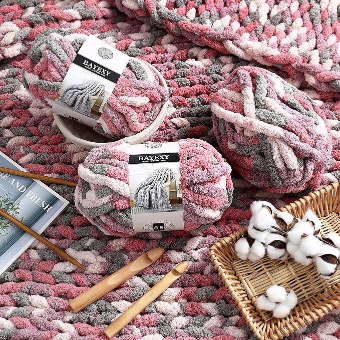 Chunky Chenille Yarn for Hand Knitting 8 Jumbo Pack Jumbo Chunky Yarn for Hand Soft Blanket Knitting, Bulky Thick Fluffy Yarn for Crocheting (Cherry Blossom+Kitten Color)