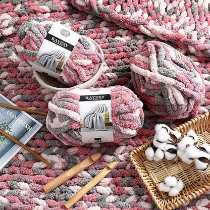Chunky Chenille Yarn for Hand Knitting 8 Jumbo Pack Jumbo Chunky Yarn for Hand Soft Blanket Knitting, Bulky Thick Fluffy Yarn for Crocheting (Cherry Blossom+Kitten Color)