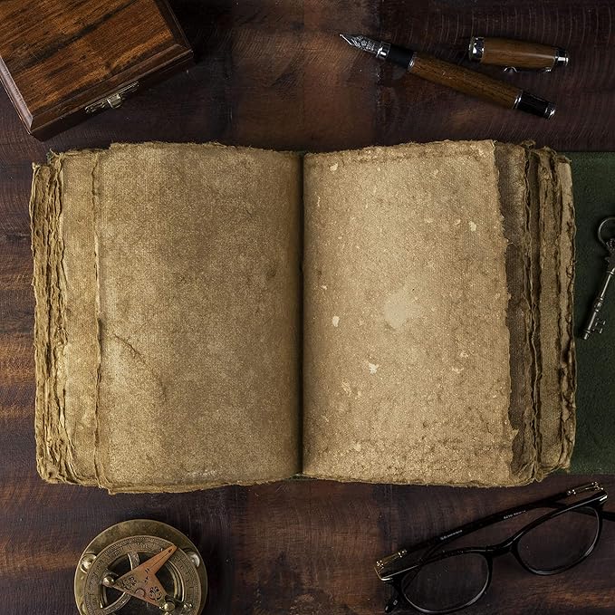 NomadCraftsCo. Vintage Leather Journal - Antique Handmade Deckle Edge Vintage Paper Leather Bound Journal - Book of Shadows Journal - Leather Sketchbook - Drawing Journal - Great Gift (Green, 9"x6")