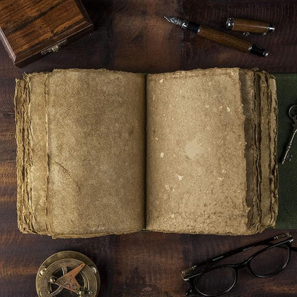 NomadCraftsCo. Vintage Leather Journal - Antique Handmade Deckle Edge Vintage Paper Leather Bound Journal - Book of Shadows Journal - Leather Sketchbook - Drawing Journal - Great Gift (Green, 9"x6")