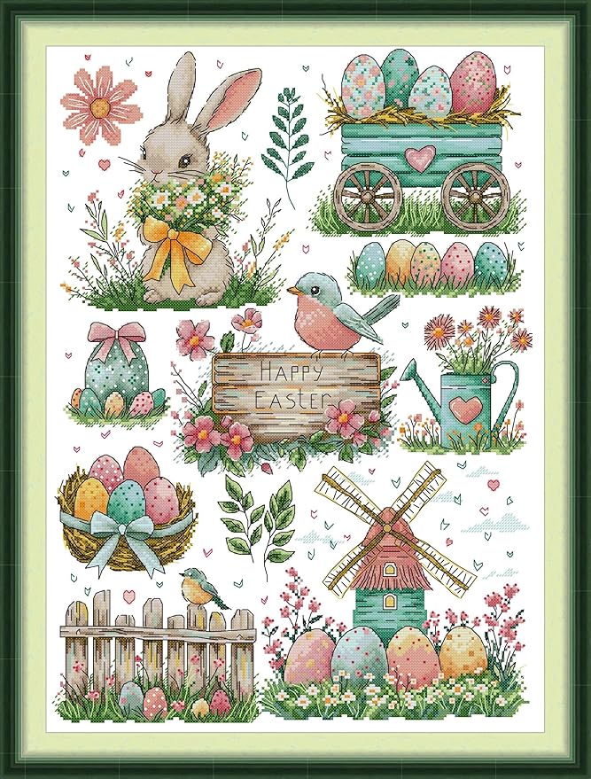 Threadhaven 16CT Stamped Cross Stitch Kit - Full Range Patterns for Adults, High - Definition Printing Embroidery Kit, Ideal for Beginners- Bunny with Easter Eggs 14.1''×18.1''