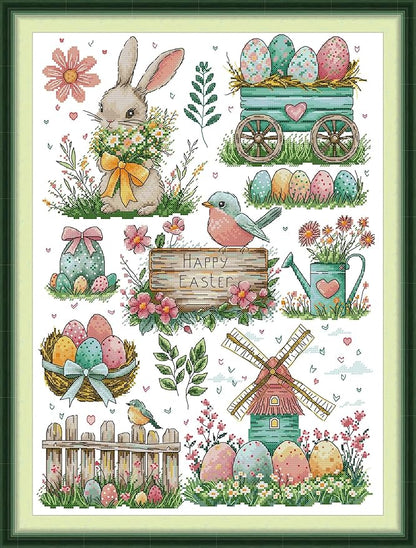 Threadhaven 16CT Stamped Cross Stitch Kit - Full Range Patterns for Adults, High - Definition Printing Embroidery Kit, Ideal for Beginners- Bunny with Easter Eggs 14.1''×18.1''
