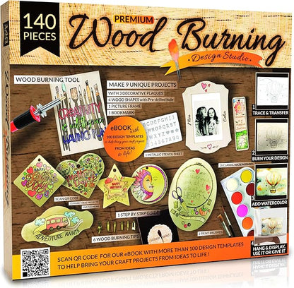 Scissor-Tailed Beginners Wood Burning Kit 140 Pieces. Best Gift Idea for Art & Craft Kit Lovers. Woodburning DIY Hobby Kits with 9 Large Wooden Plaques to Make Unique Wood Burning Projects