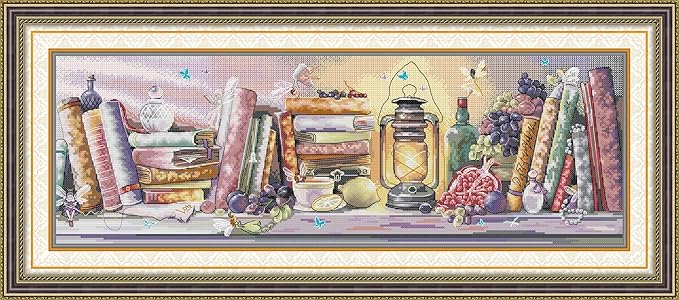 CrossNest 14CT Counted Cross Stitch Kit for Beginners, Unprinted Complete DIY Embroidery Set with Pattern & Tools, Premium Aida Cloth & Threads (Oil lamp Bookshelf)