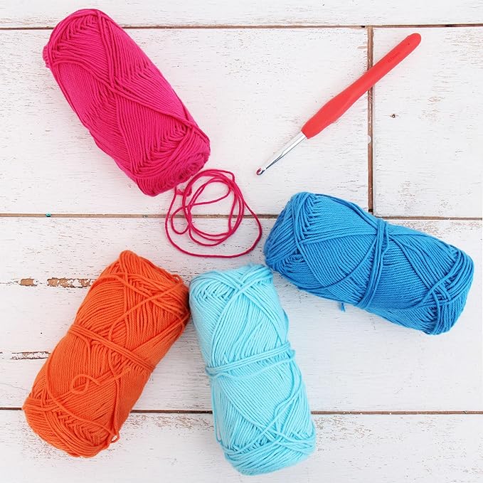 ThreadArt Crochet Pure Cotton Size 2 Yarn Set | Electric Pop Colors | Pack of 4 Skeins Each 50 Grams | Fine #2 Yarn | 165yds/Skein