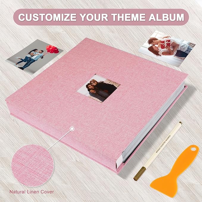 Self Adhesive Photo Album Black Pages Scrapbook Magnetic Photo Albums for 4x6 5x7 8x10 Pictures Books with Sticky Pages with A Metallic Pen for Baby Family Wedding 13.2x12.8 Pink 120 Pages