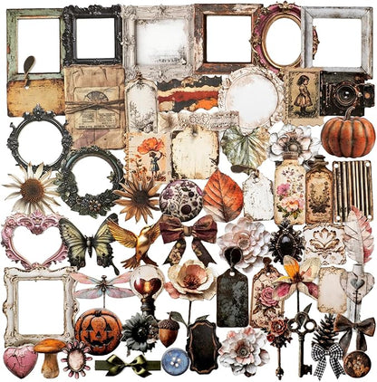 AuriicLeaf Retro Journal Sticker Set, 100PCS Vintage Precut Designs Featuring Florals, Keys, Frames, Butterflies and Ephemera Elements for Scrapbook and Collage Art