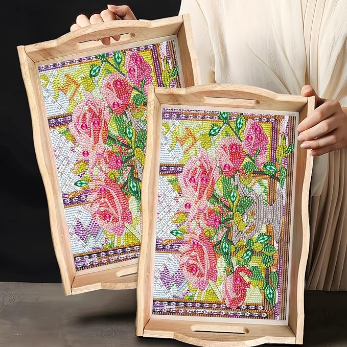 DIY Diamond Art Wooden Tray Kit, Food Tray with Handle, Diamond Painted Table Decoration for Breakfast, Bar Dinner Table, Diamond Dots Gem Painting Art Set for Beginners (#06-Rose)