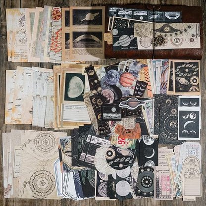 Knaid Vintage Scrapbook Supplies Pack (200 Pieces) for Witchy Junk Journal Bullet Journals Planners Space Moon Paper Stickers Craft Kits Collage (Celestial)