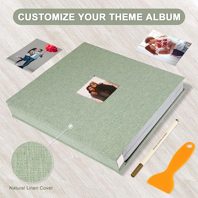 Self Adhesive Photo Album Black Pages Scrapbook Magnetic Photo Albums for 4x6 5x7 8x10 Pictures Books with Sticky Pages with A Metallic Pen for Baby Family Wedding 13.2x12.8 GrassGreen 120 Pages