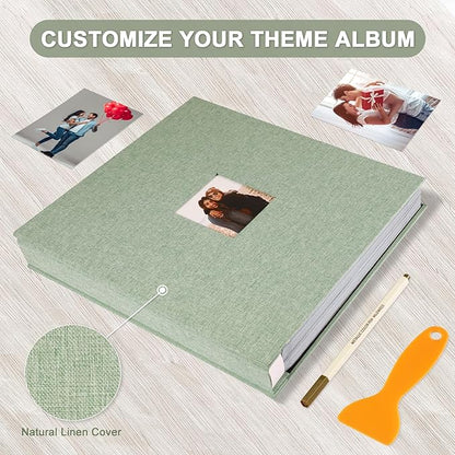 Self Adhesive Photo Album Black Pages Scrapbook Magnetic Photo Albums for 4x6 5x7 8x10 Pictures Books with Sticky Pages with A Metallic Pen for Baby Family Wedding 13.2x12.8 GrassGreen 120 Pages