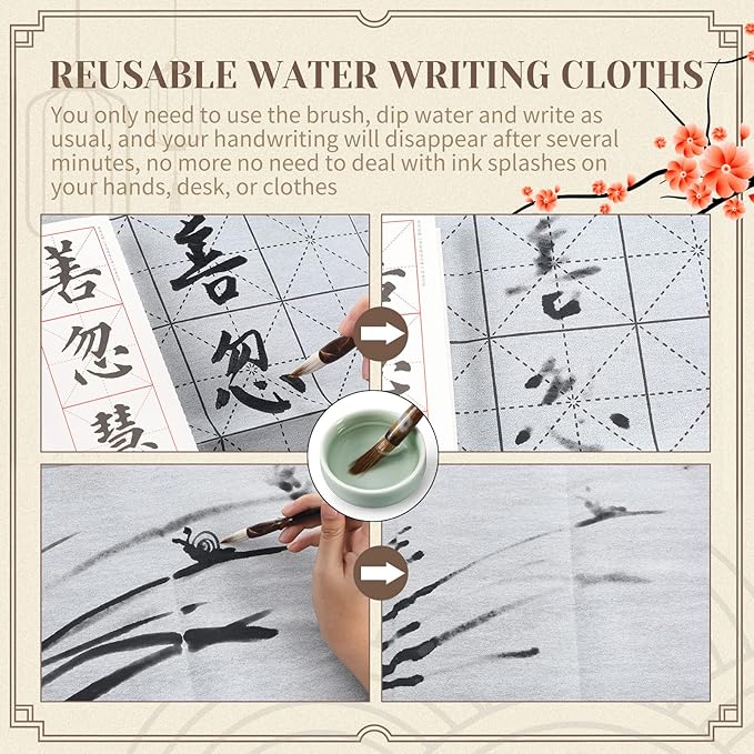 14 Pieces Chinese Calligraphy Brushes Gift Set Painting Brushes Watercolor Tools Set Sumi Painting Kanji Art New Year Gift with Calligraphy Copy Card and Professional Water Writing Cloth for Beginners