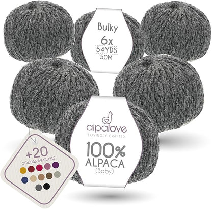 Bulky Set (6 x 1.75 oz) Super Soft Baby Alpaca Knitting Yarn Dark Gray 328 Yards