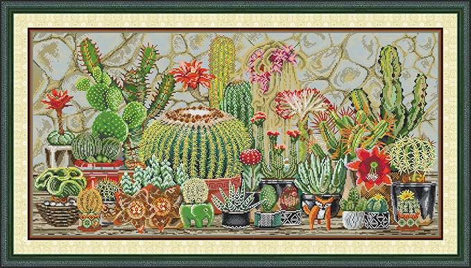 CrossNest 14CT Counted Cross Stitch Kit for Beginners, Unprinted Complete DIY Embroidery Set with Pattern & Tools, Premium Aida Cloth & Threads (Cactus Four)