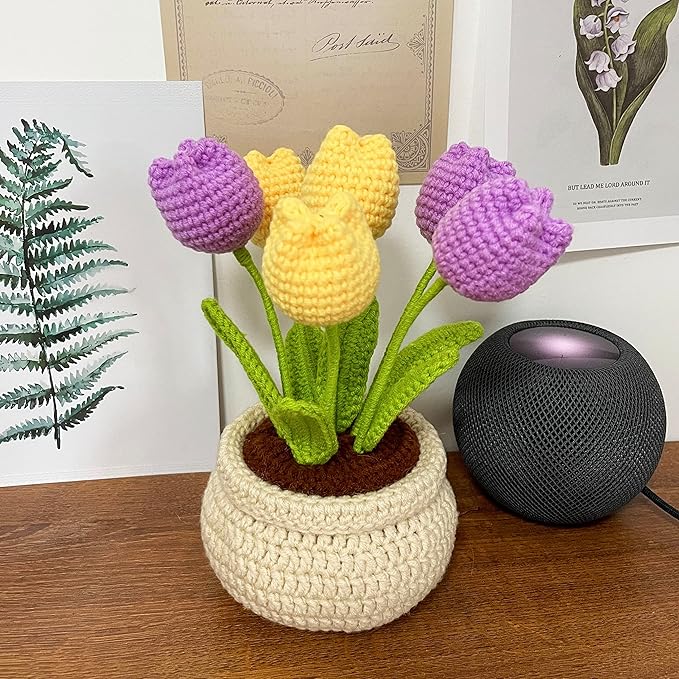 Lily's Lyric Flower Crochet Kit | Tulip Flowerpot | Step-by-Step Video Tutorial for Adults Teenagers | DIY Home Decoration Craft Gift Idea Purple&Yellow