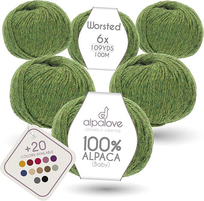 Worsted Set (6 x 1.75 oz) Super Soft Baby Alpaca Knitting Yarn Middle Green 656 Yards