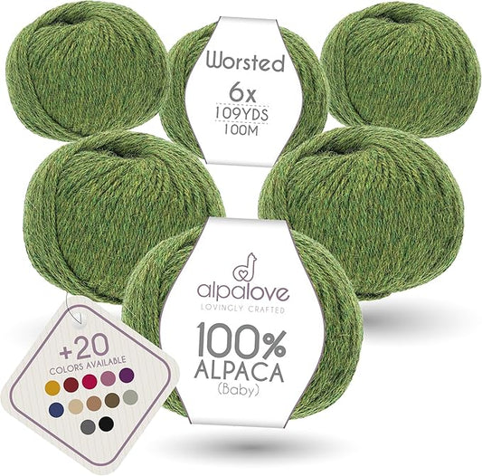 Worsted Set (6 x 1.75 oz) Super Soft Baby Alpaca Knitting Yarn Middle Green 656 Yards
