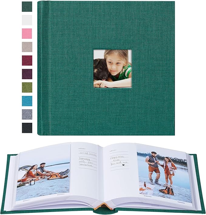 Mublalbum Small 4x6 Photo Album Linen Cover with Memo Areas Photobook Pictures Book Holds Vertical Pockets for Wedding Family Baby and Vacation (Dark Green)