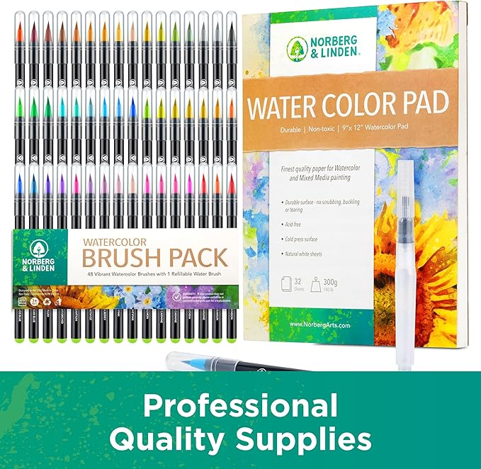 Norberg & Linden Real Waterbrush Set - 48 Watercolor Paint Markers, 1 Refillable Water Brush, Painting Pad - Nylon Tips for Drawing & Calligraphy - Coloring Pens for Professional & Beginner Artists
