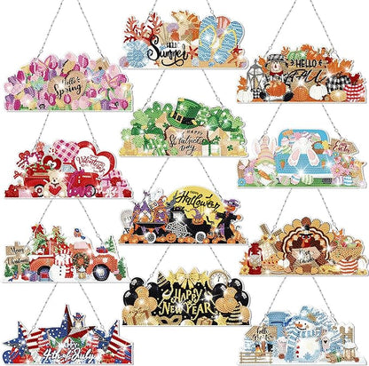 Cinnvoice 12 Pcs Seasonal Diamond Art Wreath Kits Holiday 5d DIY Diamond Art Hanging Signs Winter Spring Ornaments for Wall Door Decoration(Novel)