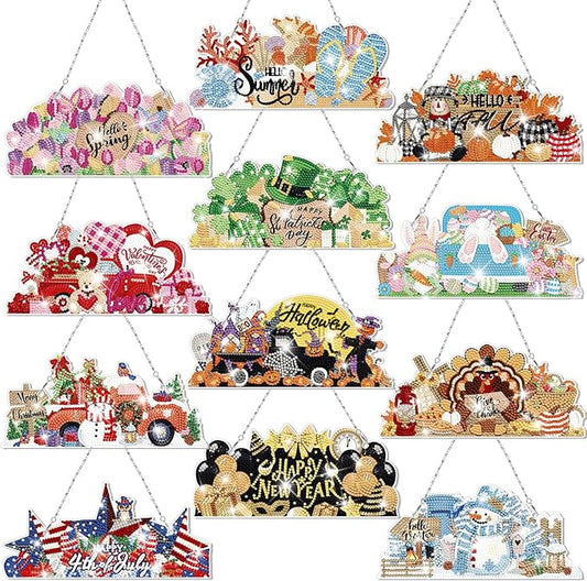 Cinnvoice 12 Pcs Seasonal Diamond Art Wreath Kits Holiday 5d DIY Diamond Art Hanging Signs Winter Spring Ornaments for Wall Door Decoration(Novel)