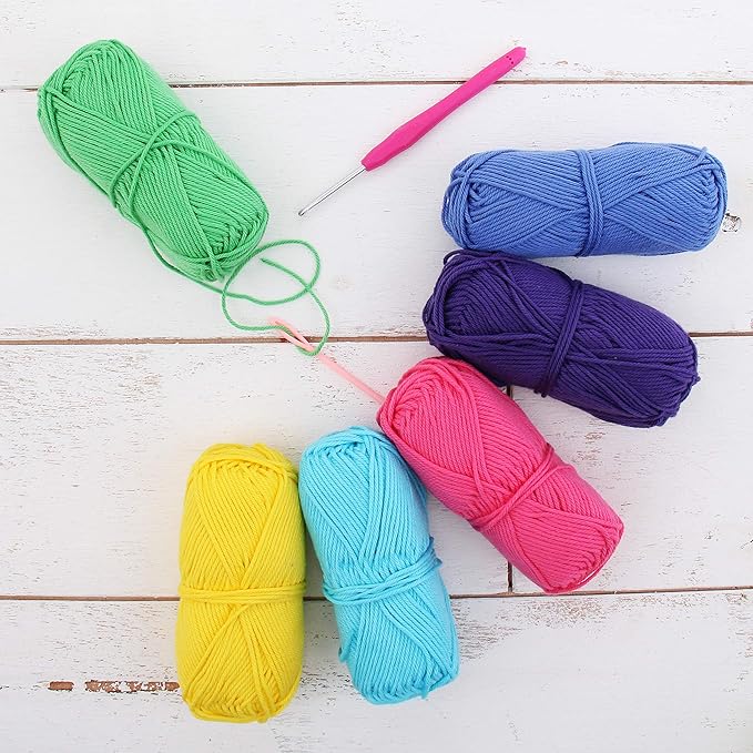 Threadart Crochet 100% Pure Cotton Yarn Set | Crayon Colors | Pack of 6 Skeins Each 50 Grams | Worsted Medium #4 Yarn | 85 yds per Skein