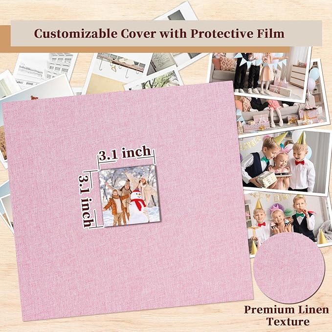 Hiwhy 12x12 Inch Large 3 Ring DIY Scrapbook Photo Album, Linen Cover Scrapbook with 20 Sheets Plastic Sleeves 40 Pages Memory Book for Wedding Birthday Baby Family (Pink)