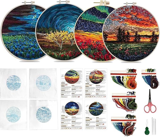 Maydear 4 Pack Embroidery Starter Kit with Pattern, Stamped Cross Stitch Kits for Beginners Adults with Embroidery Hoop and Instructions, Hand Embroidery Kit (Embroidery kit flower2)