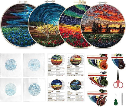 Maydear 4 Pack Embroidery Starter Kit with Pattern, Stamped Cross Stitch Kits for Beginners Adults with Embroidery Hoop and Instructions, Hand Embroidery Kit (Embroidery kit flower2)