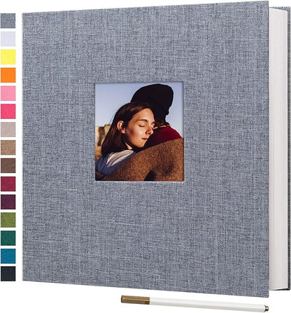 potricher 13.2x12.8 Inch Self Adhesive Photo Album Linen Cover 80 Pages Sticky 3x5 4x6 5x7 6x8 8x10 8.5x11 Magnetic DIY Scrapbook Photo Album with A Metallic Pen (Gray)