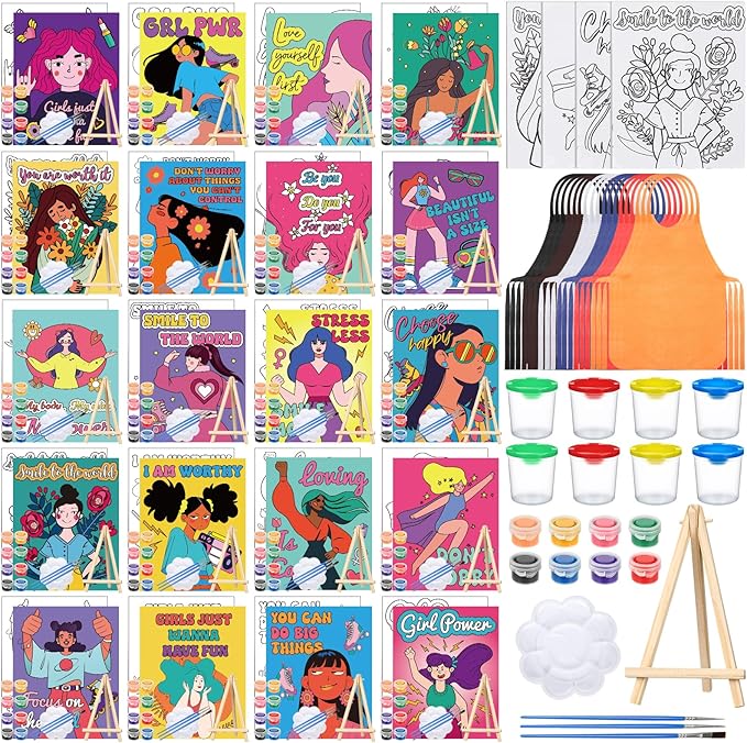 Sherr 140 Pcs 20 Set Pre Drawn Canvas Kit for Painting Craft Sip and Paint Kit for Adults Pre Printed Canvas Painting Favor for Virtual DIY Birthday Gifts Adult's Date Party(Feminism)