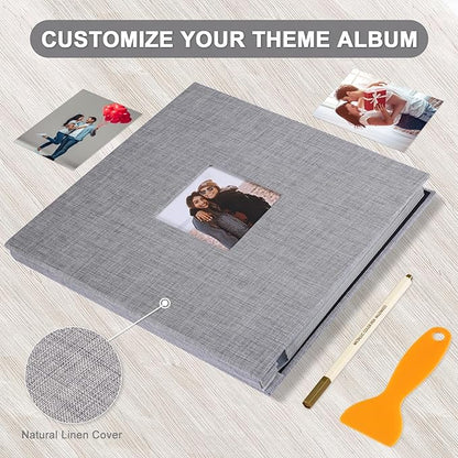 Self Adhesive Photo Album Black Pages Scrapbook Magnetic Photo Albums for 4x6 5x7 8x10 Pictures Books with Sticky Pages with A Metallic Pen for Baby Family Wedding 13.2x12.8 Grey 40 Pages