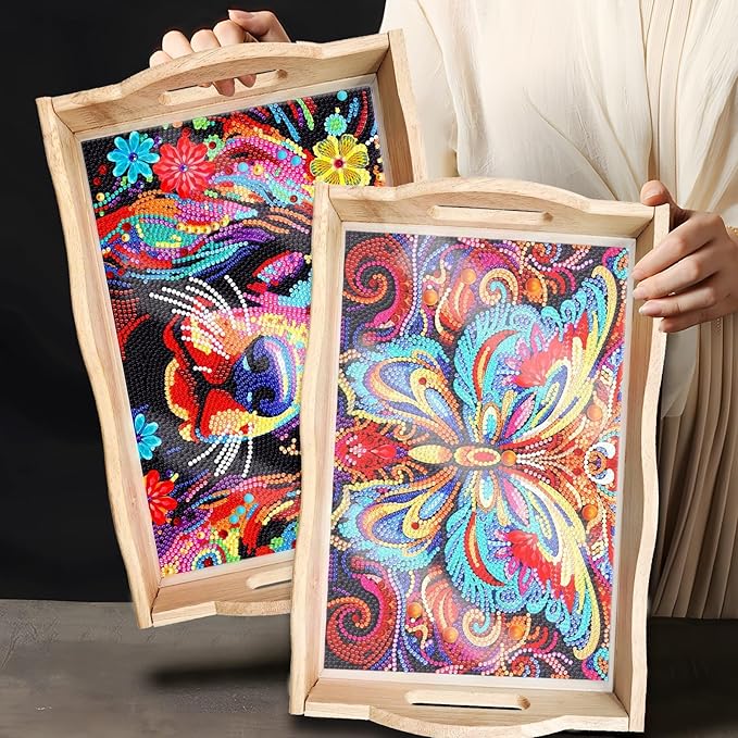 DIY Art Painting Wooden Tray Kit, Food Tray with Handle Diamond Painted Table Decoration Tray, for Breakfast, Bar Dinner Table Diamond Dots Gem Painting Art Set for Beginners (#28-Butterfly)