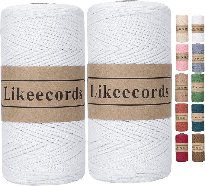 100% Cotton Rope Crochet Yarn Bag Cord 2mm 350Yards Braided Macrame Cord Macrame Rope Crochet Thread Gift for Knitter (White)