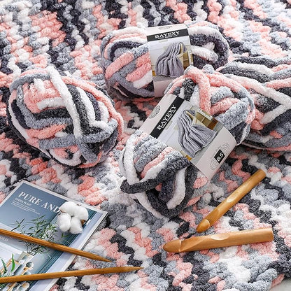 Chunky Chenille Yarn for Hand Knitting 8 Jumbo Pack Jumbo Chunky Yarn for Hand Soft Blanket Knitting, Bulky Thick Fluffy Yarn for Crocheting (Marshmallow Color+Kitten Color)