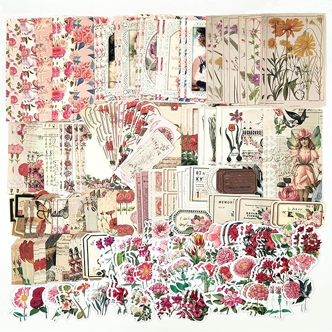 Esweny 200PCS Vintage Scrapbooking Supplies Pack, Aesthetic Scrapbook Sticker Paper Art Journaling Kit for Junk Journals,Planner,Cottagecore Decor Gifts (Pink Series)