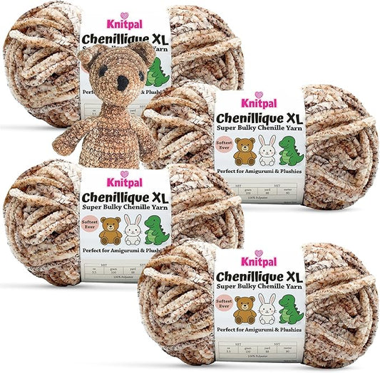 Chenillique XL Plush Chenille Yarn – 4-Pack (352 Yards / 400 g) – Variegated Super Bulky Yarn for Plushies, Blankets, Amigurumi & Accessories - Cocoa Dust