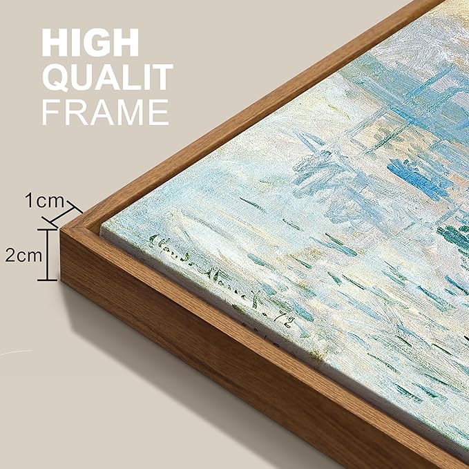 WENGTIAO Impression Sunrise Claude Monet Framed Canvas Wall Art Prints Natural Sunrise Scenery Oil Paintings Reproduction Blue Seascape Canvas Picture Artwork Decor for Living Room Bedroom 16x24 inch
