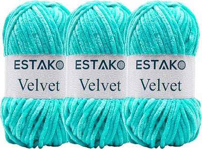 Estako Velvet (3- Skeins Pack) Chenille Blanket amigurumi Yarn for Crocheting and Knitting Super Bulky 3x100 gr (3x132 yds) (1250 - Cyan)