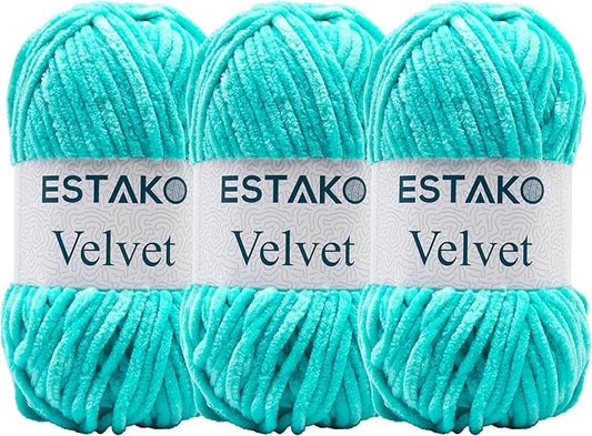Estako Velvet (3- Skeins Pack) Chenille Blanket amigurumi Yarn for Crocheting and Knitting Super Bulky 3x100 gr (3x132 yds) (1250 - Cyan)
