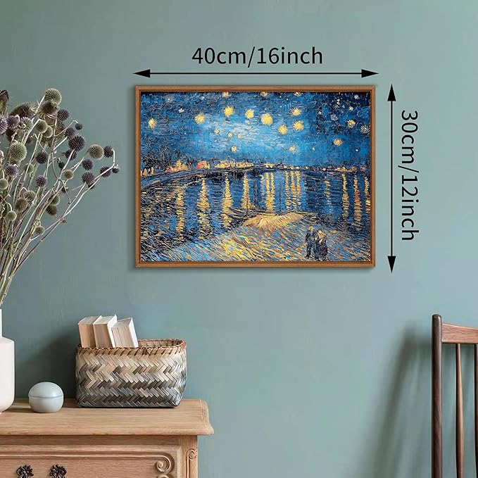 WENGTIAO Framed Canvas Wall Art of Starry Night Over The Rhone by Van Gogh Oil Paintings Famous Artist Reproduction Artwork Pictures Giclee Canvas Prints for Living Room Bedroom Study 12”x16”