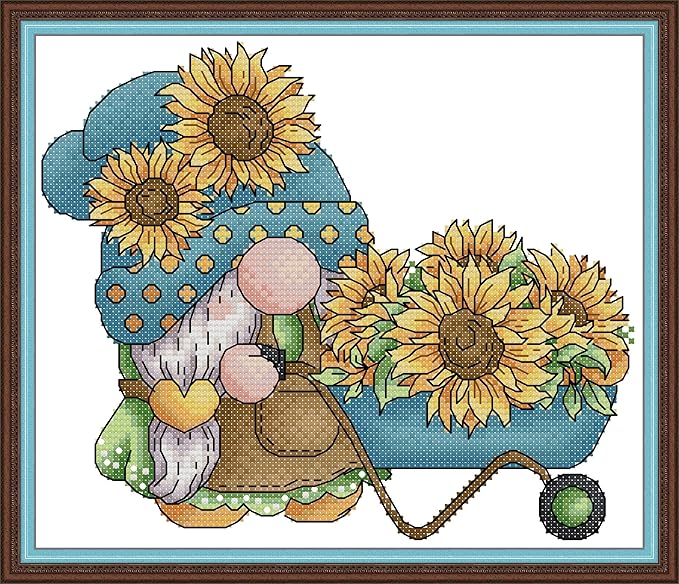 Maydiyer Cross Stitch Kits Stamped Full Range of Embroidery Starter Kits for Beginners DIY 11CT Easy Patterns Embroidery Kit for Girls-Gnome with Sunflowers 13×10.3 inch