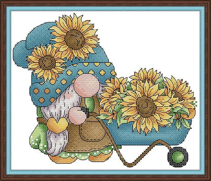 Maydiyer Cross Stitch Kits Stamped Full Range of Embroidery Starter Kits for Beginners DIY 11CT Easy Patterns Embroidery Kit for Girls-Gnome with Sunflowers 13×10.3 inch