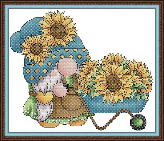 Maydiyer Cross Stitch Kits Stamped Full Range of Embroidery Starter Kits for Beginners DIY 11CT Easy Patterns Embroidery Kit for Girls-Gnome with Sunflowers 13×10.3 inch