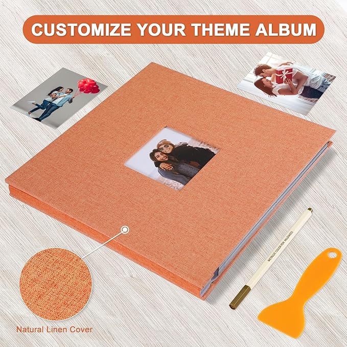Self Adhesive Photo Album Black Pages Scrapbook Magnetic Photo Albums for 4x6 5x7 8x10 Pictures Books with Sticky Pages with A Metallic Pen for Baby Family Wedding 11x10.6 Orange 60 Pages
