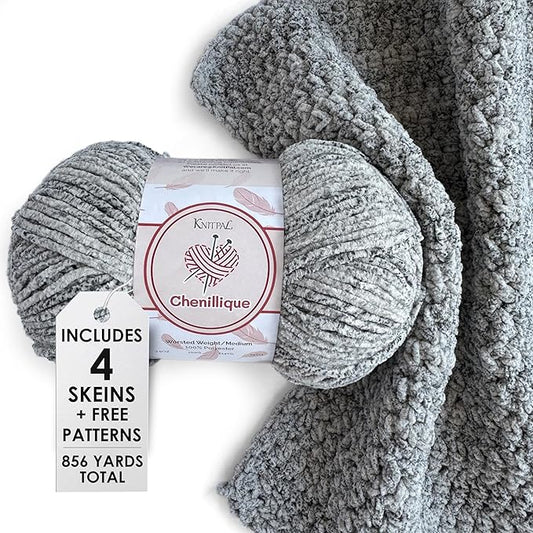 Chenillique Velvet Chenille Yarn for Crocheting, 4-Pack (856Yds / 400G), Free Patterns, Beginners Friendly - Soft Baby Yarn for Knitting Baby Blanket - #4 Medium Worsted Weight - Ocean Mist